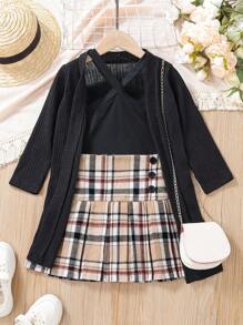 SHEIN 女小童掛脖上衣&格紋印花百褶半身裙&開門襟外套 - 黑色 - 查看 4