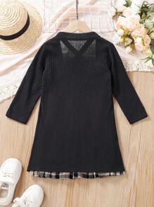 SHEIN 女小童掛脖上衣&格紋印花百褶半身裙&開門襟外套 - 黑色 - 查看 2