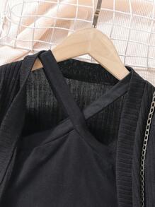 SHEIN 女小童掛脖上衣&格紋印花百褶半身裙&開門襟外套 - 黑色 - 查看 3