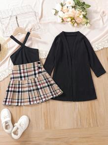 SHEIN 女小童掛脖上衣&格紋印花百褶半身裙&開門襟外套 - 黑色 - 查看 1