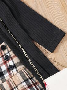 SHEIN 女小童掛脖上衣&格紋印花百褶半身裙&開門襟外套 - 黑色 - 查看 5