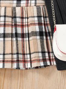 SHEIN 女小童掛脖上衣&格紋印花百褶半身裙&開門襟外套 - 黑色 - 查看 6