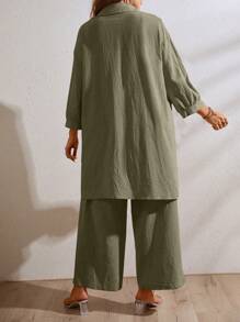 Calvaya Camisa con caída en el hombro y abertura en el bajo + pantalones de pierna ancha talla grande