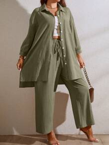 Calvaya Camisa con caída en el hombro y abertura en el bajo + pantalones de pierna ancha talla grande