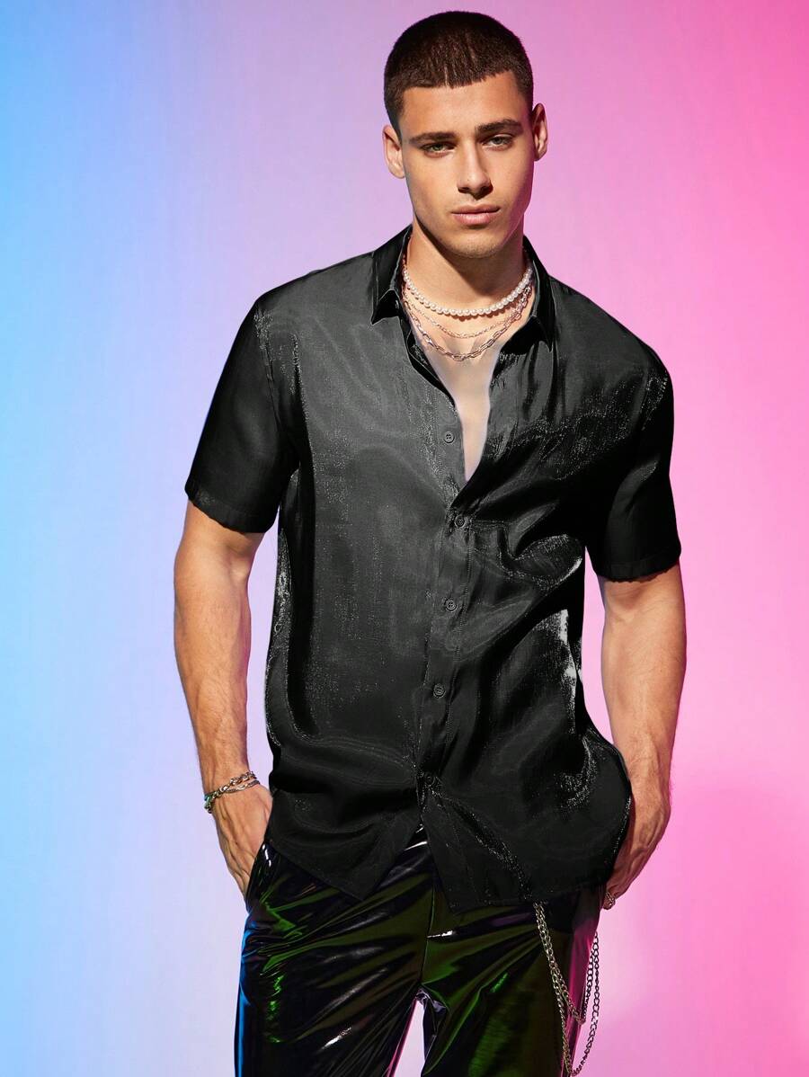 Manfinity NXTstreet Lỏng lẻo phù hợp Nam Chất rắn Long lanh Nút phía trước Áo sơ mi - Màu xám đen - Xem 1