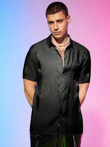 Manfinity NXTstreet Lỏng lẻo phù hợp Nam Chất rắn Long lanh Nút phía trước Áo sơ mi - Màu xám đen - Xem 2