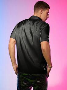 Manfinity NXTstreet Lỏng lẻo phù hợp Nam Chất rắn Long lanh Nút phía trước Áo sơ mi - Màu xám đen - Xem 3