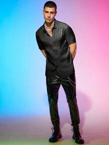 Manfinity NXTstreet Lỏng lẻo phù hợp Nam Chất rắn Long lanh Nút phía trước Áo sơ mi - Màu xám đen - Xem 4