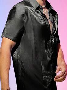 Manfinity NXTstreet Lỏng lẻo phù hợp Nam Chất rắn Long lanh Nút phía trước Áo sơ mi - Màu xám đen - Xem 5