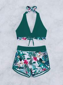 SHEIN Swim 熱帶圖案掛脖比基尼泳裝 - 彩色 - 查看 4