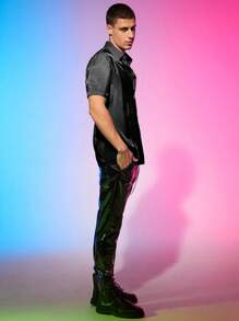 Manfinity NXTstreet Lỏng lẻo phù hợp Nam Chất rắn Long lanh Nút phía trước Áo sơ mi - Màu xám đen - Xem 7