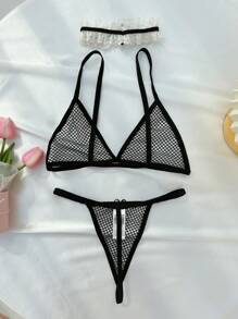Fishnet Lingerie Set With Choker - Black - View 2