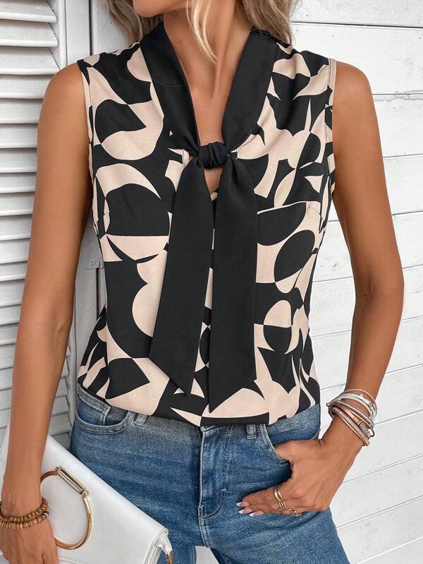SHEIN VCAY Camisa sin manga con estampado de cuello con cordón