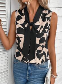 SHEIN VCAY Allover Print Tie Neck Sleeveless Blouse - Multicolor - View 3
