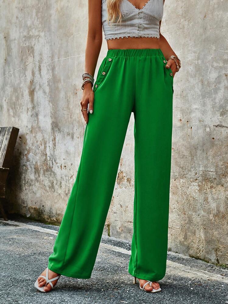SHEIN LUNE Pantalones de pierna ancha unicolor con bolsillo oblicuo - Verde - Añade 1