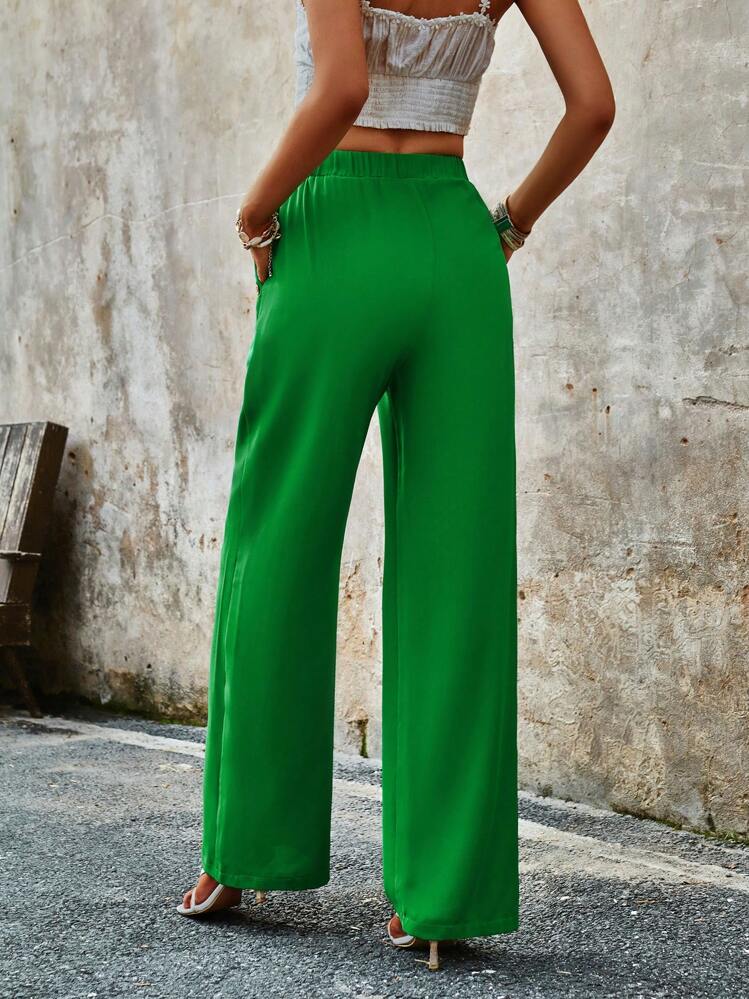 SHEIN LUNE Pantalones de pierna ancha unicolor con bolsillo oblicuo - Verde - Añade 2