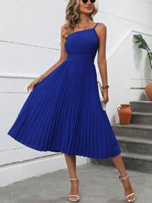 SHEIN Clasi Một bờ vai Viền xếp Đầm - Màu xanh lam - Xem 1