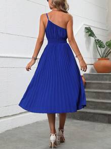 SHEIN Clasi Một bờ vai Viền xếp Đầm - Màu xanh lam - Xem 2