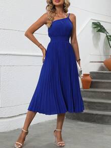 SHEIN Clasi Một bờ vai Viền xếp Đầm - Màu xanh lam - Xem 3