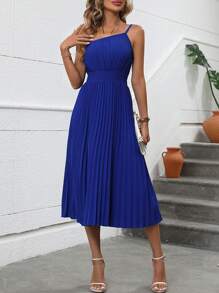 SHEIN Clasi Một bờ vai Viền xếp Đầm - Màu xanh lam - Xem 5