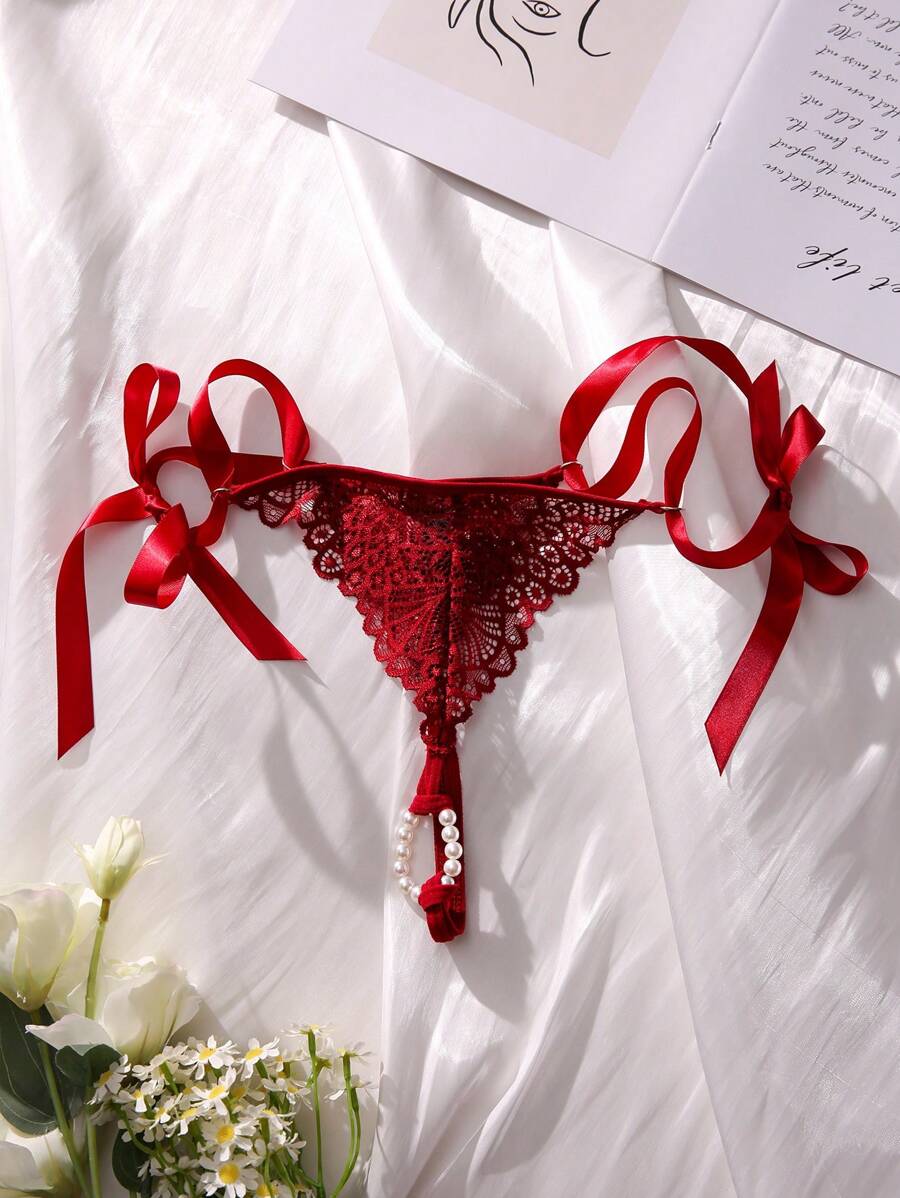 Culotte lingerie avec nœud en dentelle florale sans entre-jambes - Rouge foncé - Voir 1