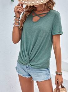 SHEIN LUNE Thánh giá Viền xoay tròn Áo thun - màu xanh lá - Xem 6