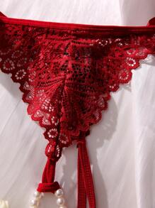 Culotte lingerie avec nœud en dentelle florale sans entre-jambes - Rouge foncé - Voir 3