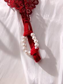 Culotte lingerie avec nœud en dentelle florale sans entre-jambes - Rouge foncé - Voir 4