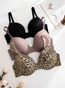 Plus 3pcs Leopard Print Underwire Bra, Lift - Multicolor - View 1