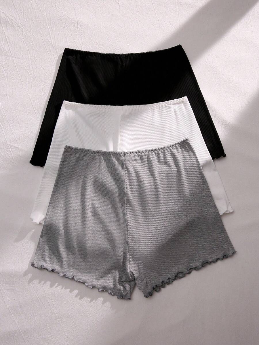 3pcs Solid Lettuce Trim Antiexposure Shorts - Multicolor - View 1