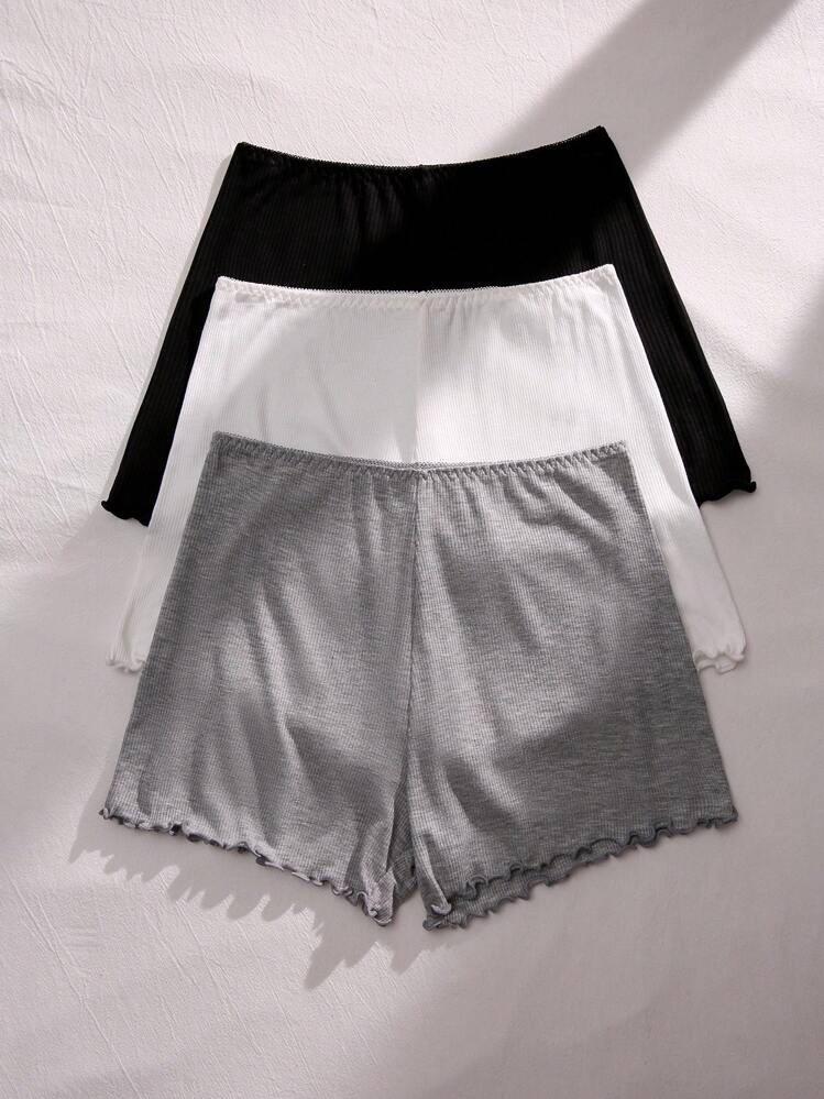 3pcs Solid Lettuce Trim Antiexposure Shorts - Multicolor - View 2