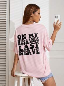 INAWLY 标语图案落肩 T 恤 ON MY HUSBANDS LAST NERVE - 粉色 - 查看 1