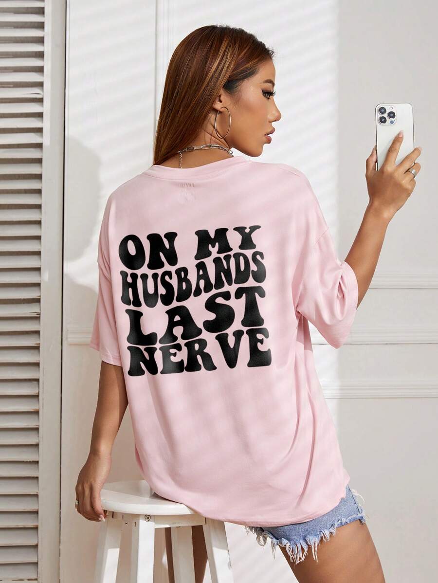 INAWLY 标语图案落肩 T 恤 ON MY HUSBANDS LAST NERVE - 粉色 - 查看 1