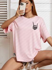 INAWLY 标语图案落肩 T 恤 ON MY HUSBANDS LAST NERVE - 粉色 - 查看 2