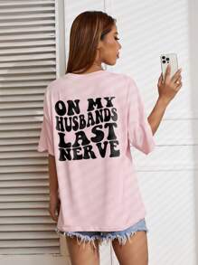 INAWLY 标语图案落肩 T 恤 ON MY HUSBANDS LAST NERVE - 粉色 - 查看 3