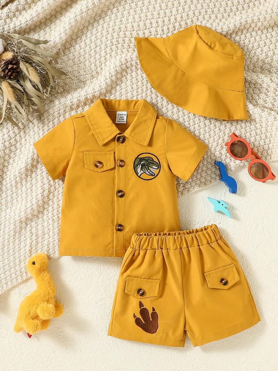 女嬰恐龍刺繡襯衫和短褲 - 黃色 - 查看 1