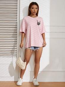 INAWLY 标语图案落肩 T 恤 ON MY HUSBANDS LAST NERVE - 粉色 - 查看 5