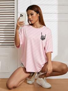 INAWLY 标语图案落肩 T 恤 ON MY HUSBANDS LAST NERVE - 粉色 - 查看 6