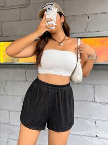 Calvaya Plus Solid Ribbed Knit Shorts - Black - View 1