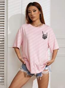 INAWLY 标语图案落肩 T 恤 ON MY HUSBANDS LAST NERVE - 粉色 - 查看 7