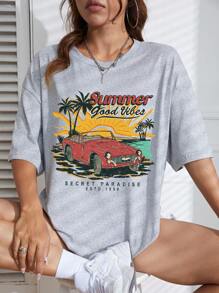 SHEIN EZwear Car & Letter Graphic Drop Shoulder Tee - Light Grey - View 1