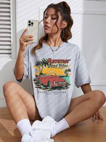 SHEIN EZwear Car & Letter Graphic Drop Shoulder Tee - Light Grey - View 3