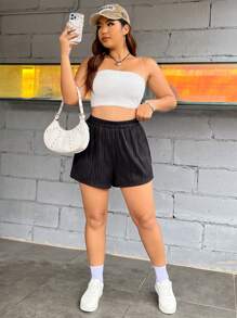 Calvaya Plus Solid Ribbed Knit Shorts - Black - View 6