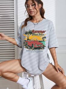 SHEIN EZwear Car & Letter Graphic Drop Shoulder Tee - Light Grey - View 4