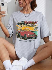 SHEIN EZwear Car & Letter Graphic Drop Shoulder Tee - Light Grey - View 5