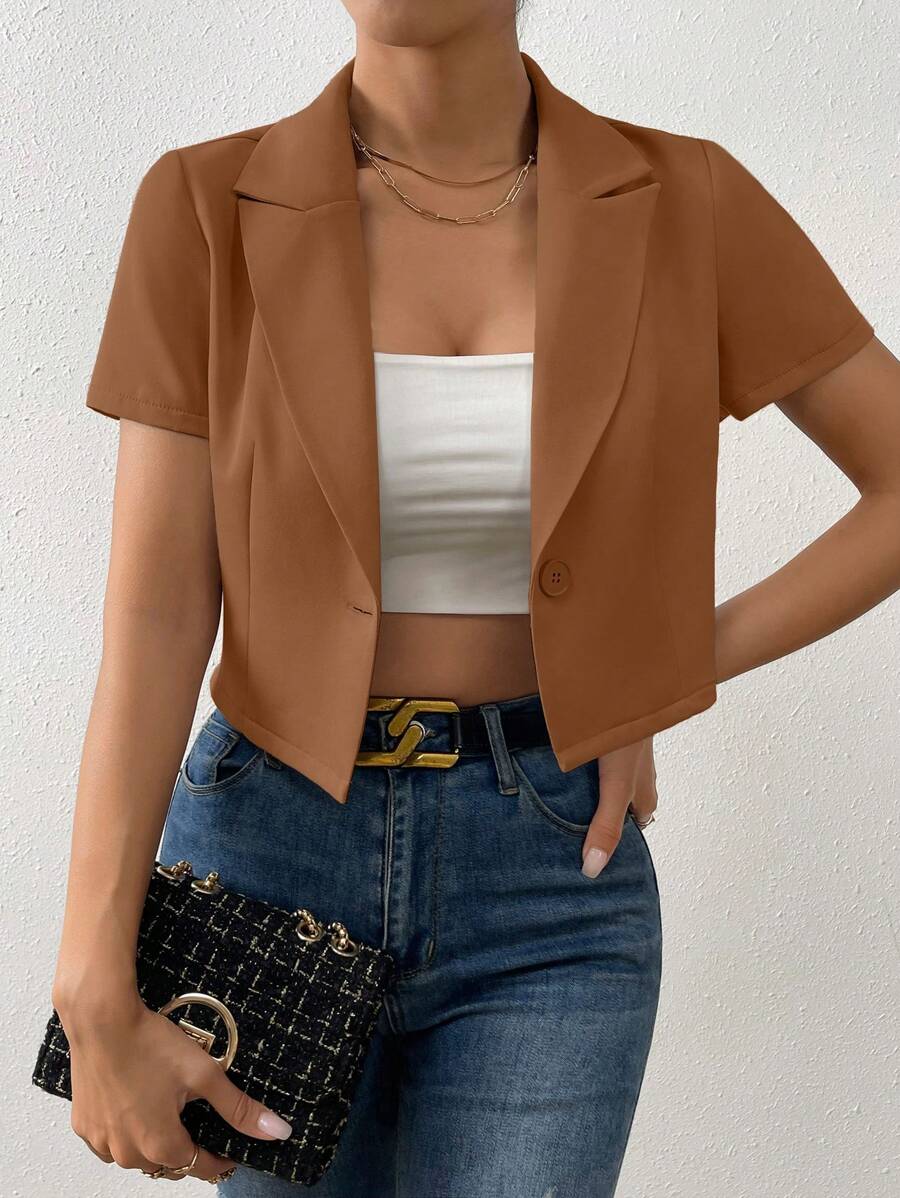 Chiquease Solid Single Button Crop Blazer - Brown - View 1