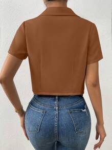 Chiquease Solid Single Button Crop Blazer - Brown - View 2