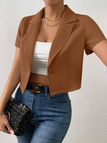 Chiquease Solid Single Button Crop Blazer - Brown - View 3