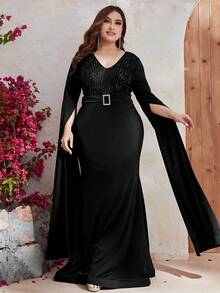 YISIKADO Plus Contrast Sequin Cloak Sleeve Belted Dress - Black - View 3