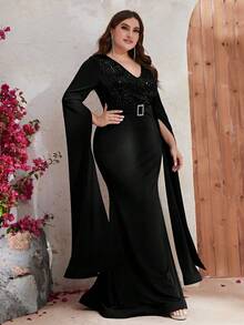 YISIKADO Plus Contrast Sequin Cloak Sleeve Belted Dress - Black - View 4